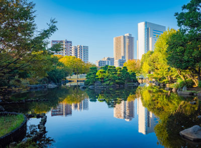 View of a city on water